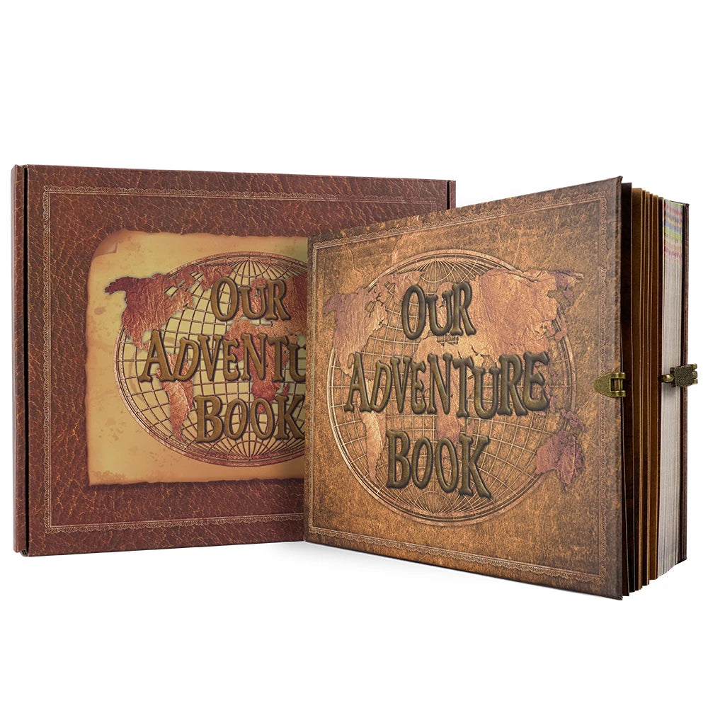 A brown leather photo album with a textured cover featuring the words Our Adventure Book stamped on a globe design.