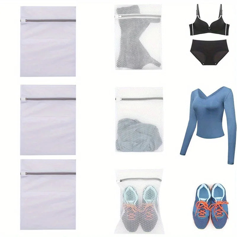 A set of reusable mesh laundry bags for delicate items shown in various colors and styles.