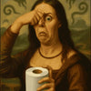 A painting of a woman with dark hair touching her forehead, surrounded by ghostly skulls.