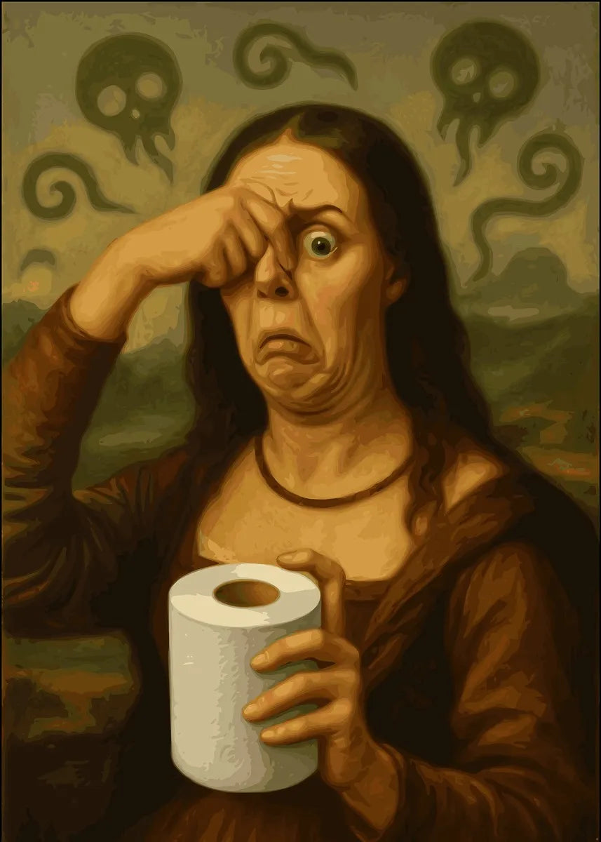 A painting of a woman with dark hair touching her forehead, surrounded by ghostly skulls.