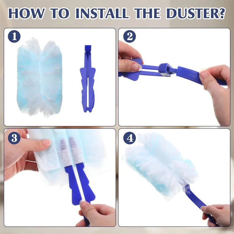 Four steps showing how to install a disposable electrostatic duster refill for household cleaning