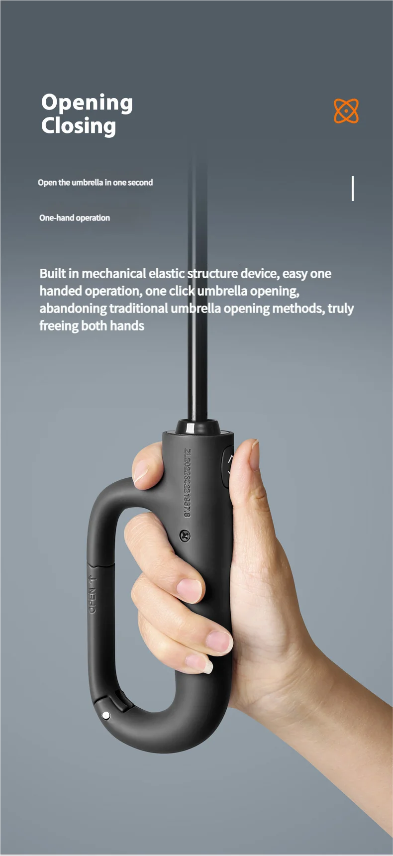 A hand holds a black windproof automatic folding umbrella, demonstrating its one-hand operation.