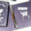 A close-up of a silver butterfly design on a purple photo album page with floral accents.