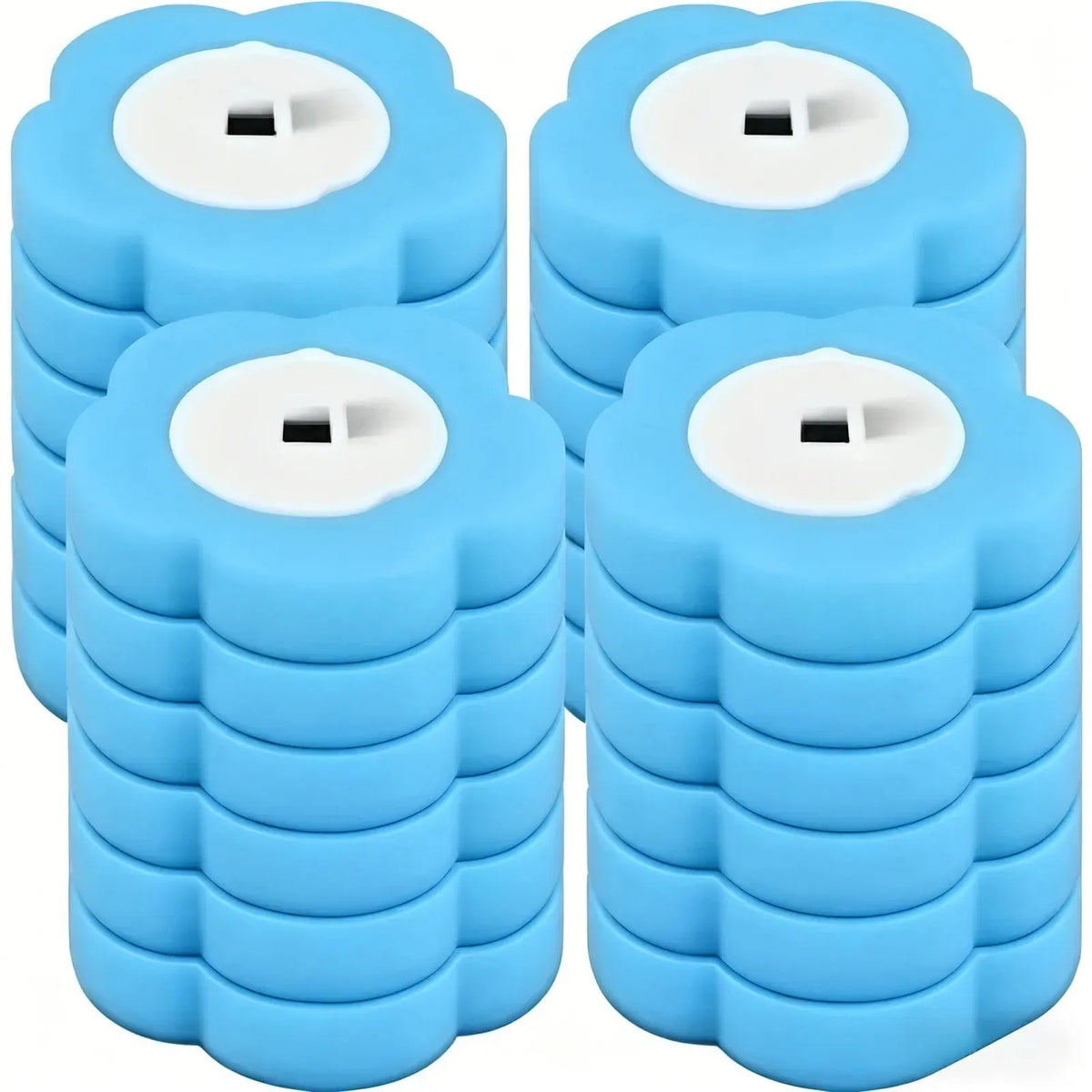 A set of blue disappearing toilet brushes with long handles.