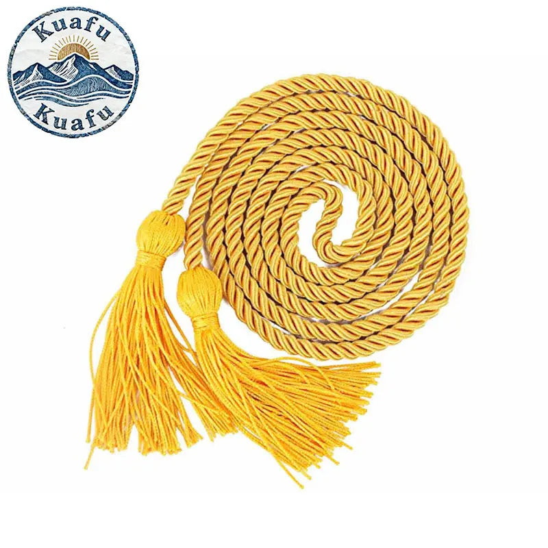 Yellow graduation honor cord with tassel ends coiled for use