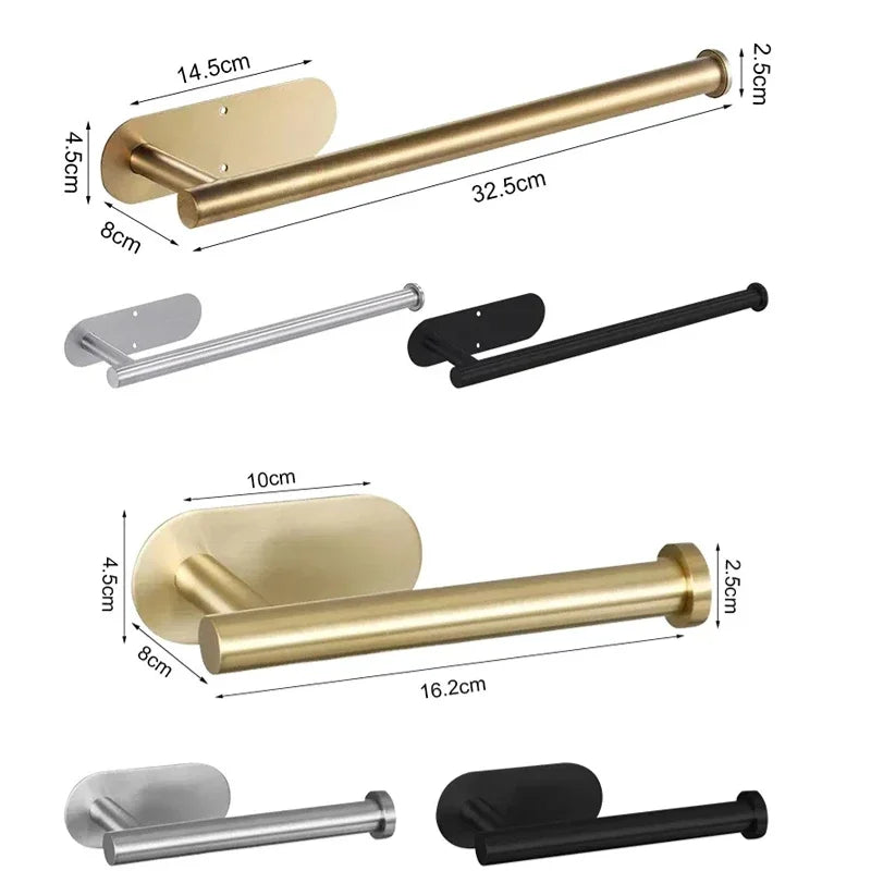 Stainless steel adhesive wall mounts for kitchen and bathroom, shown in various finishes.