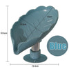 Blue leaf-shaped suction cup soap dish with dimensions 13cm and 10.5cm.