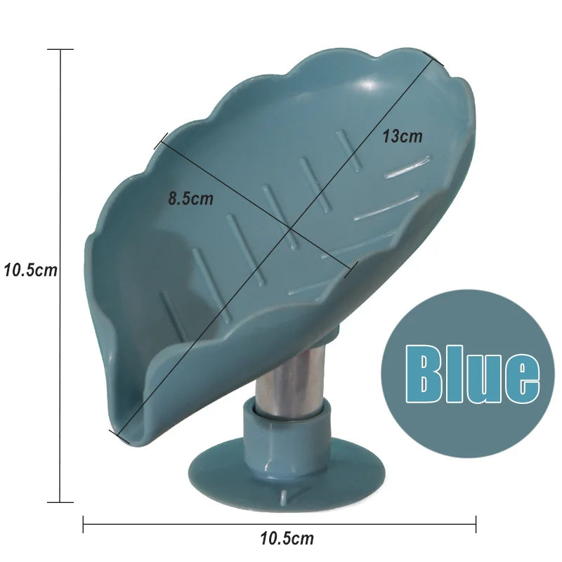 Blue leaf-shaped suction cup soap dish with dimensions 13cm and 10.5cm.