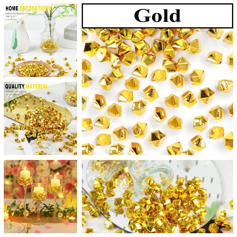 Colección de rocas de hielo triturado de acrílico dorado brillante para decoración y rellenos.