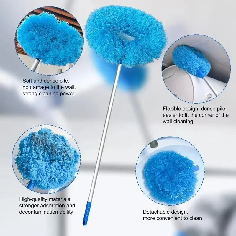 A blue extendable microfiber duster with a fluffy head shown in various angles demonstrating its features for wall cleaning.