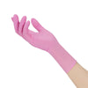 A hand wearing a pink disposable nitrile cleaning glove, shown in profile.