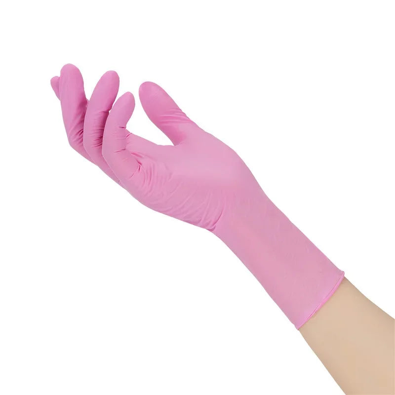 A hand wearing a pink disposable nitrile cleaning glove, shown in profile.