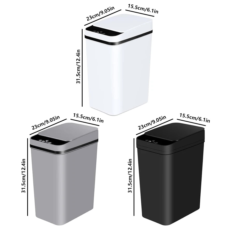 A white automatic motion sensor trash can shown in side and top views.