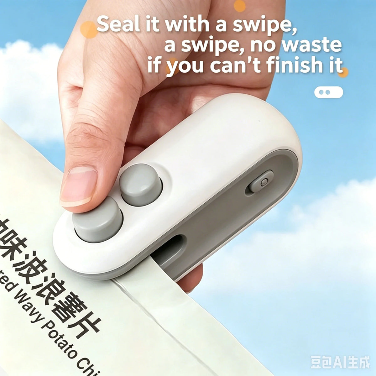 A hand is shown using a white handheld device to seal or cut food, with text advising to use a swipe instead of finishing.