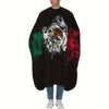 Black hair cutting cape featuring a graphic design of an eagle and foliage.