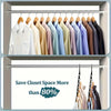 A display of multi-pack plastic clothes hangers in various colors and shades, organized on a metal rack.