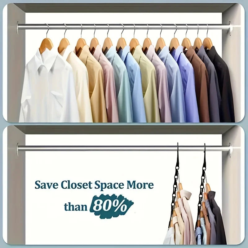 A display of multi-pack plastic clothes hangers in various colors and shades, organized on a metal rack.