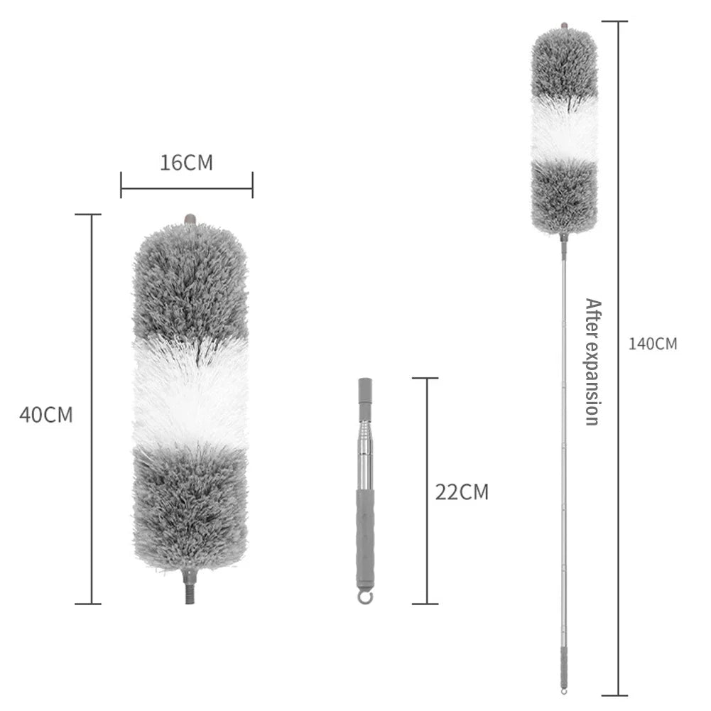 Extendable microfiber duster set with three sections of varying density for deep cleaning