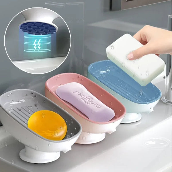 A self-draining suction cup soap dish set featuring various colors and a close-up of a lightning bolt symbol.