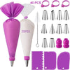 A set of reusable silicone piping bags and stainless steel tips in purple and white for baking