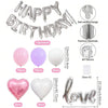 A set of 45 foil balloon letters, including birthday words and heart shapes in silver, pink, and purple colors.