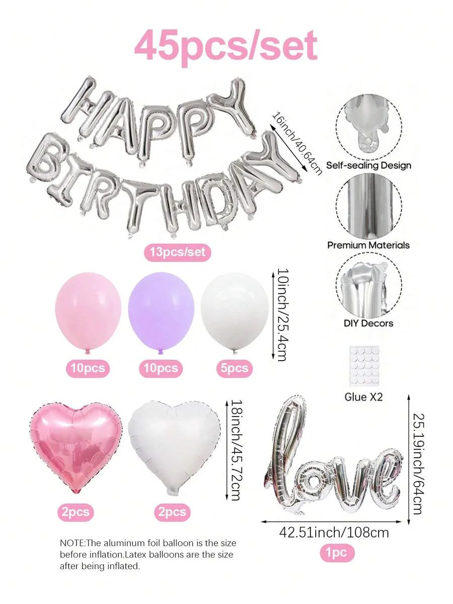 A set of 45 foil balloon letters, including birthday words and heart shapes in silver, pink, and purple colors.