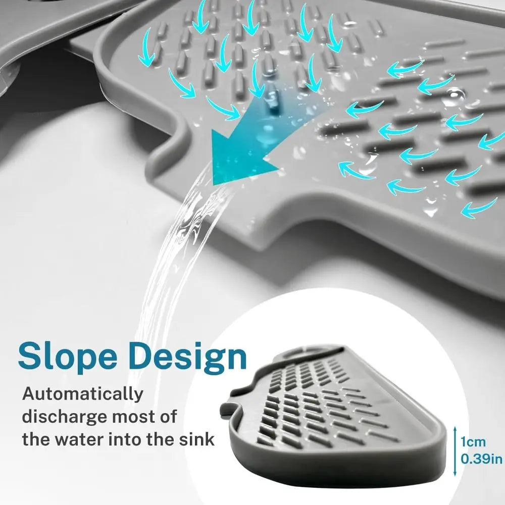 A silicone sink splash guard mat demonstrating a slope design that automatically directs water into the sink.