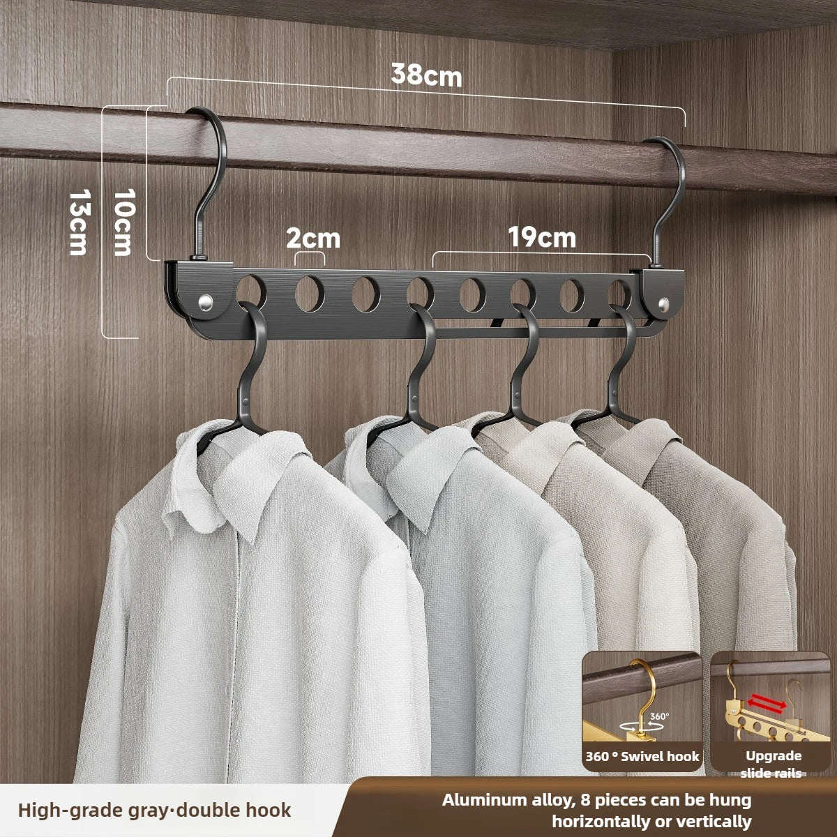 High-grade gray double hook aluminum alloy rack for hanging clothes horizontally or vertically