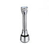 Extensor de grifo de cocina plateado con cuerpo roscado y punta de plástico transparente.