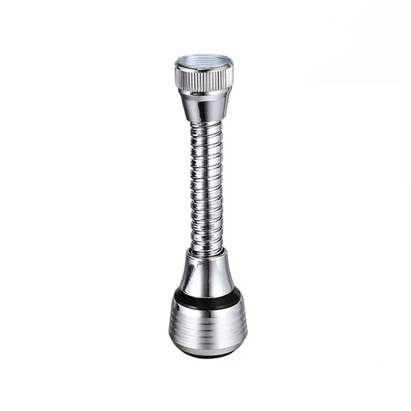 Extensor de grifo de cocina plateado con cuerpo roscado y punta de plástico transparente.