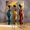 A painting depicting three women in traditional attire holding bowls of fruit against a golden sunset background.