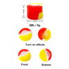 A red and yellow silicone storage jar is shown from the top, front, and bottom views.
