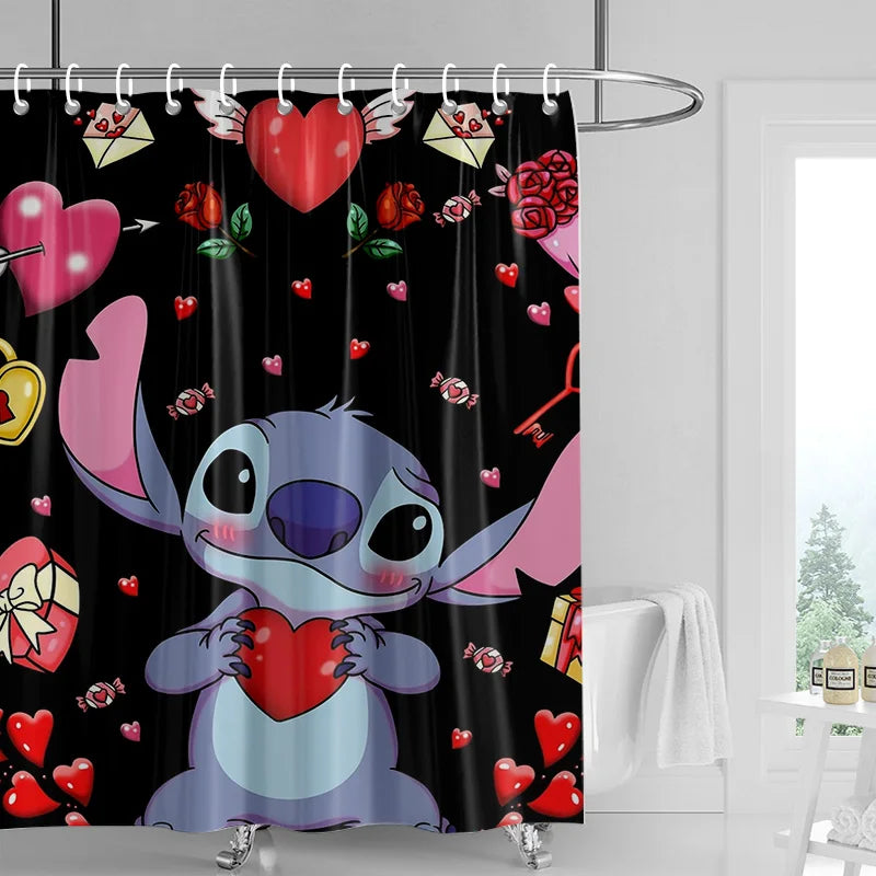 A black shower curtain featuring a design of a cute blue animal with red hearts and floral elements.