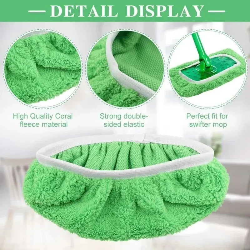Detail display of a bright green coral fleece reusable microfiber mop pad with a white elastic band.