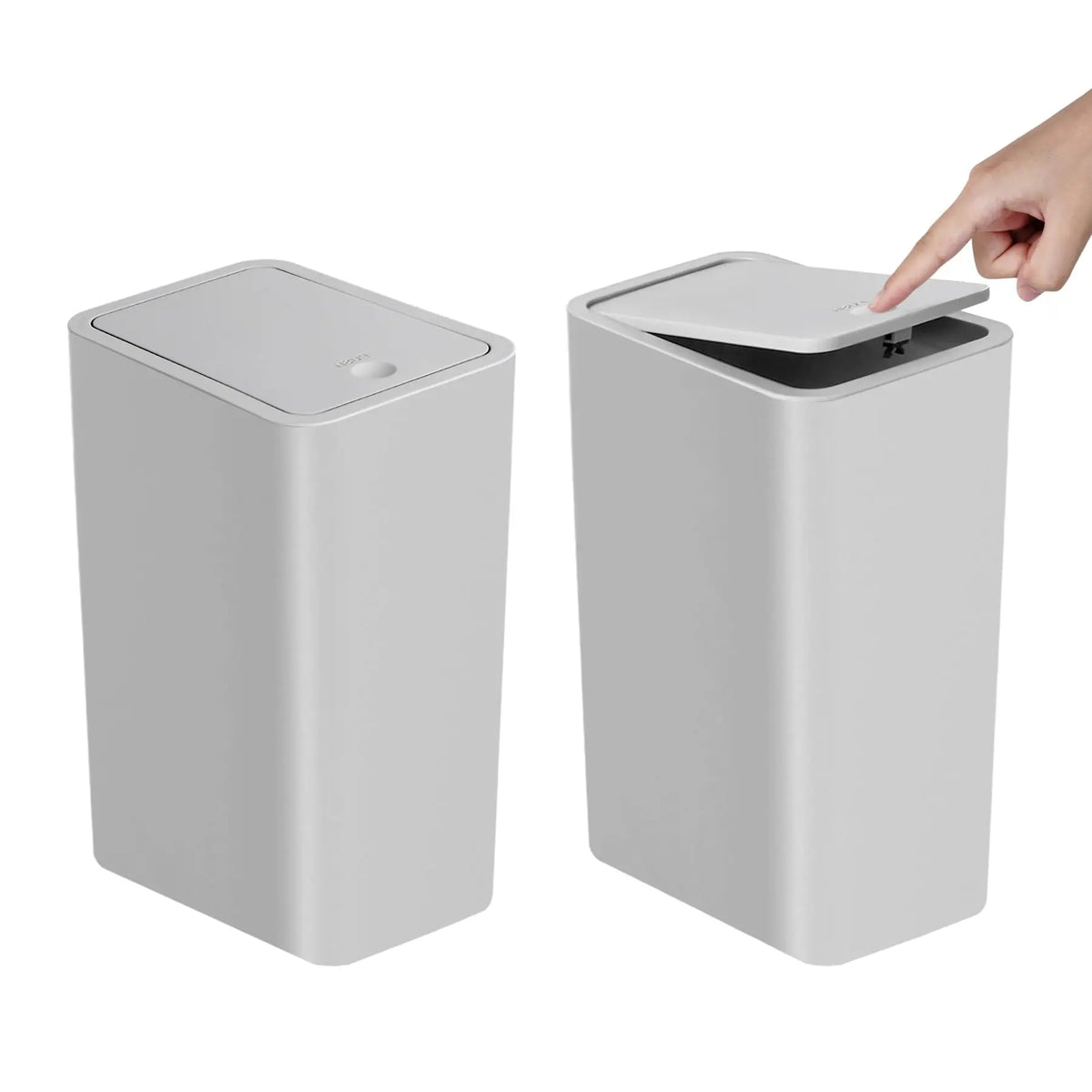 A small, rectangular, light gray trash can with a press-fit lid is shown next to a hand opening the lid.