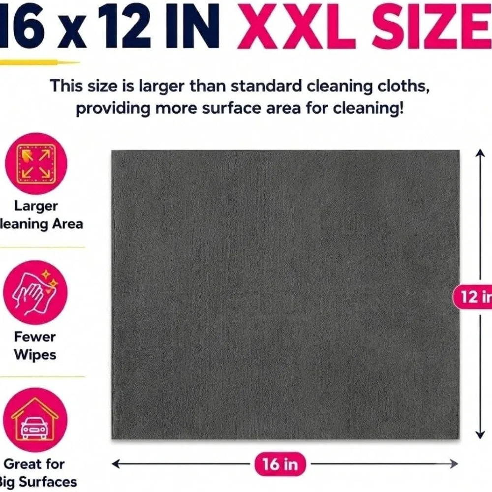 Un chiffon de nettoyage en microfibre gris foncé, dimensions de 16 par 12 pouces.