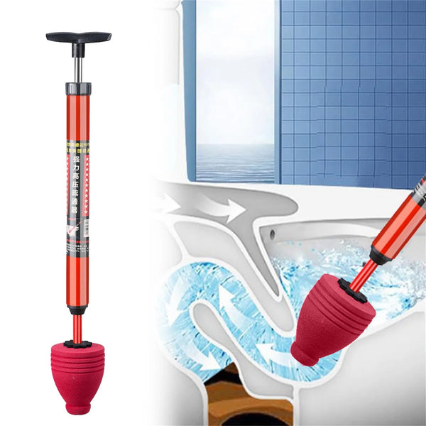 A red high-pressure toilet plunger is shown being used to clear a clog in a toilet bowl.
