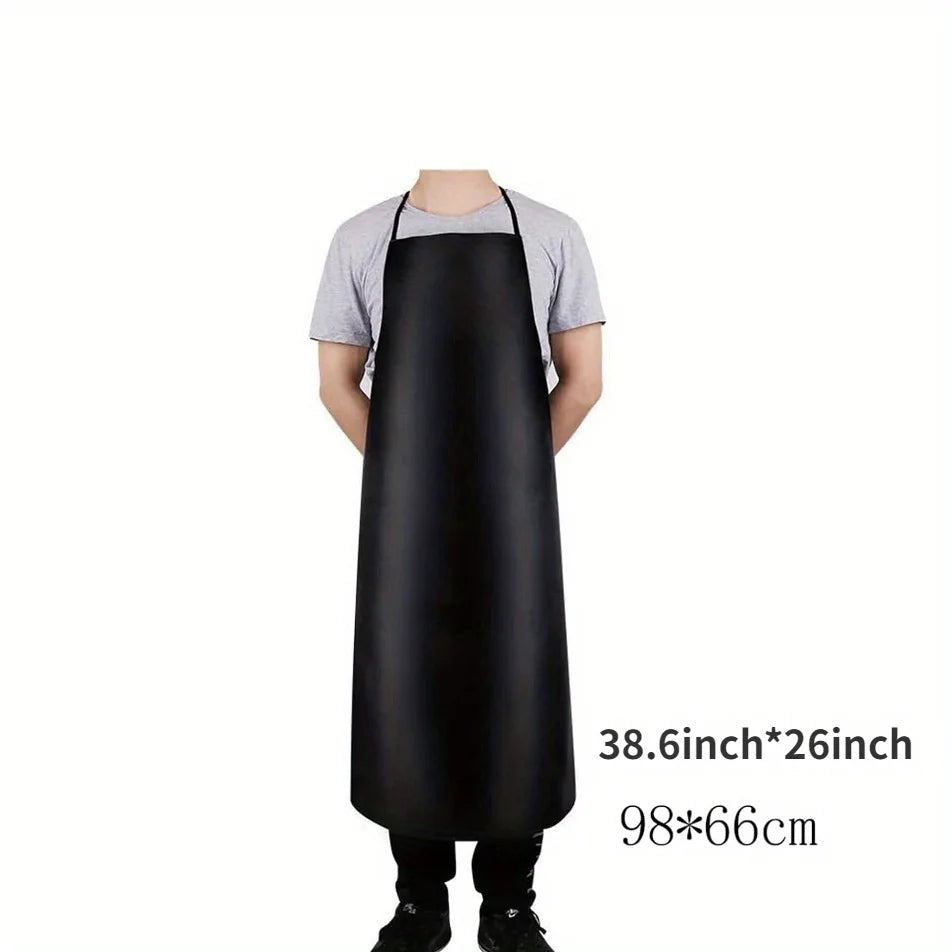 A black heavy-duty waterproof PU leather apron is shown being worn by a person.