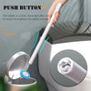 A hand is pressing a white push button on a disposable toilet brush set to activate the cleaning process.