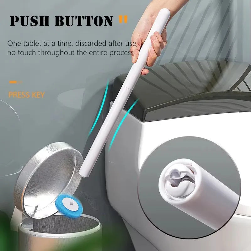 A hand is pressing a white push button on a disposable toilet brush set to activate the cleaning process.