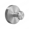 A round, brushed stainless steel suction cup towel rack with a protruding handle.