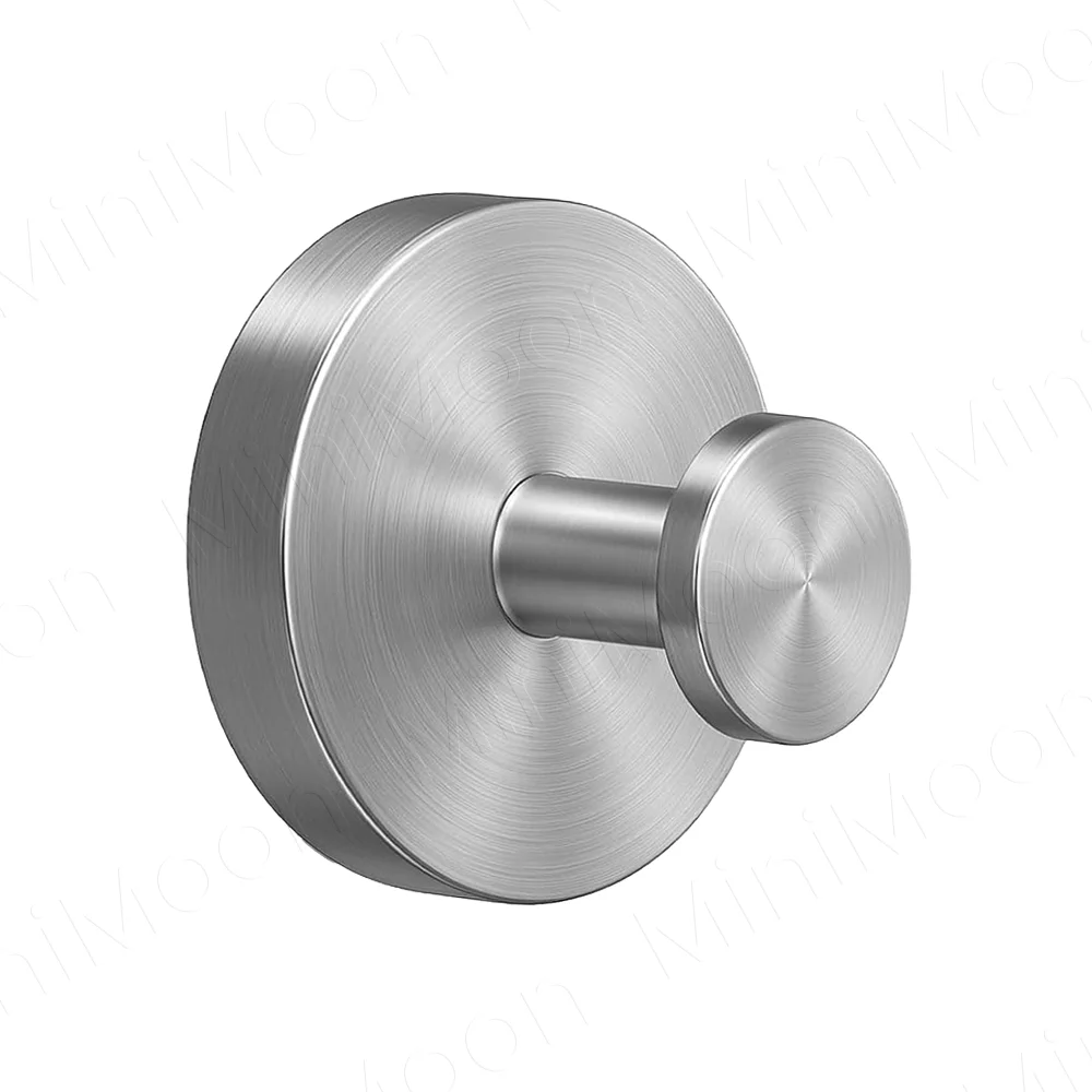 A round, brushed stainless steel suction cup towel rack with a protruding handle.