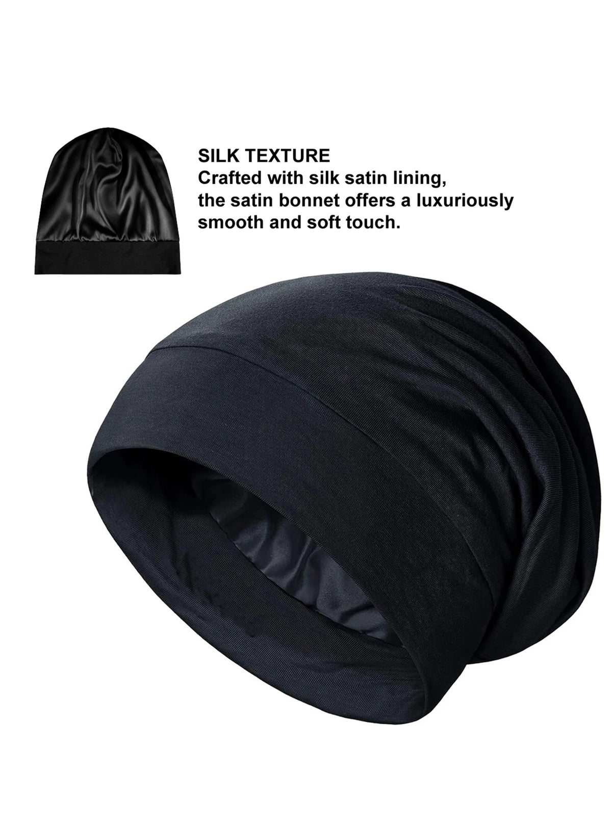 A black satin sleep bonnet shown in a rolled or folded view.