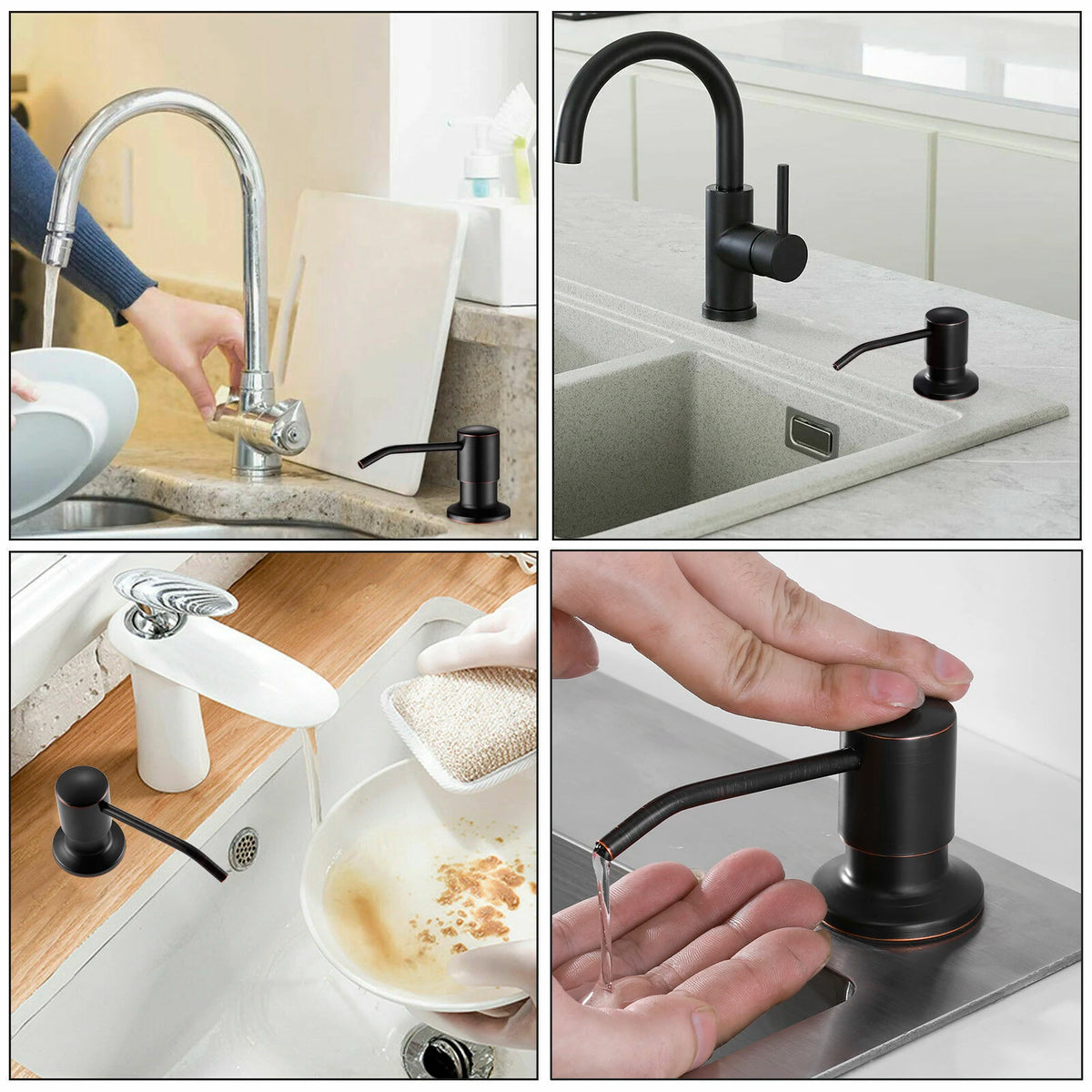 Stainless steel liquid soap dispenser with an extension tube being used in a kitchen sink.
