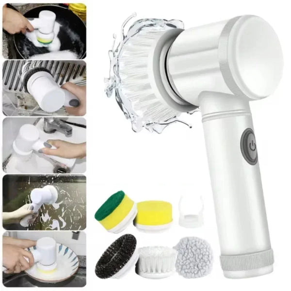 A white electric spin scrubber with multiple replaceable brush heads shown in various usage contexts.