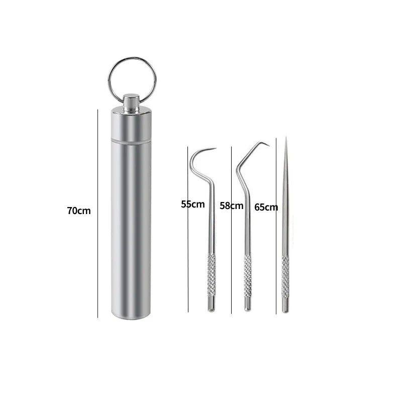 Stainless steel reusable toothpick set with a cylindrical container and multiple pickers.