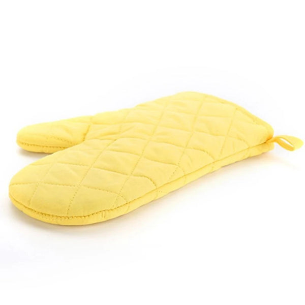 Yellow quilted heat resistant oven mitts shown flat on a white background.
