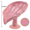 Pink leaf-shaped suction cup soap dish with measurements and a pink circular swatch.