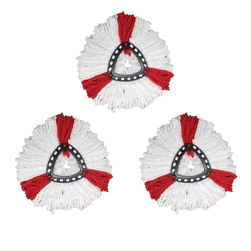 Two white and red microfiber mop head replacements with a black oval center