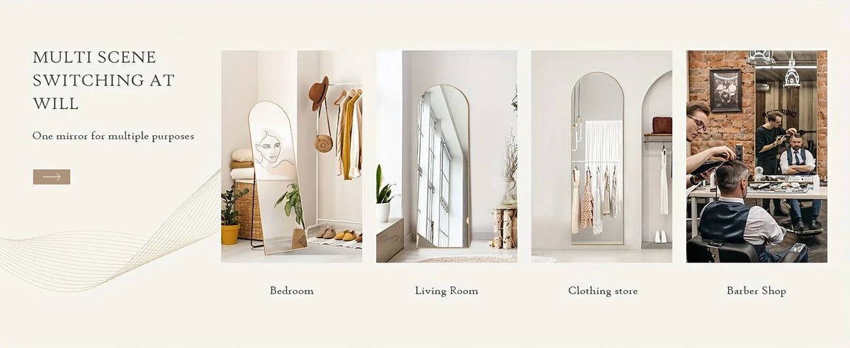 A series of images demonstrating multi scene switching at will using a full length arch mirror with an aluminum frame in vari